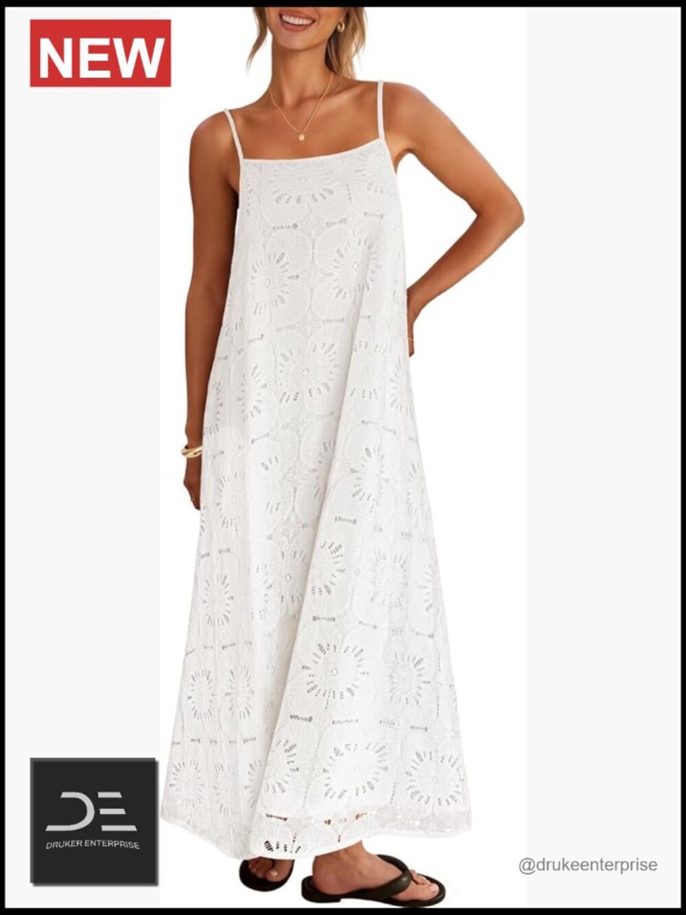 Women's Spaghetti Straps Sleeveless Floral Lace Eyelet Boho Beach Maxi Sundress